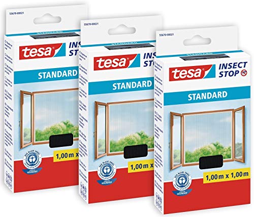 tesa Insect Stop STANDARD Fliegengitter für Fenster im 3er Pack - Insektenschutz zuschneidbar - Mückenschutz ohne Bohren - 3 x Fliegen Netz anthrazit - 100 cm x 100 cm von TESA