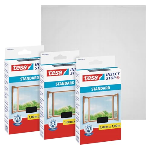tesa Insect Stop Standard Fliegengitter für Fenster im 3er Pack - Insektenschutz zuschneidbar - Mückenschutz ohne Bohren - 3 x Fliegen Netz anthrazit - 100 cm x 100 cm von TESA