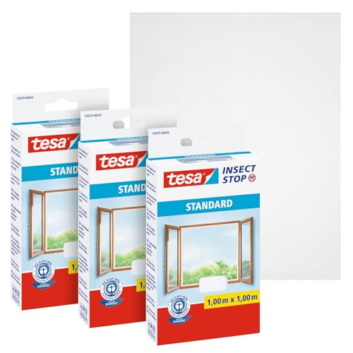 tesa Insect Stop Standard Fliegengitter für Fenster im 3er Pack - Insektenschutz zuschneidbar - Mückenschutz ohne Bohren - 3 x Fliegen Netz weiß - 100 cm x 100 cm von TESA