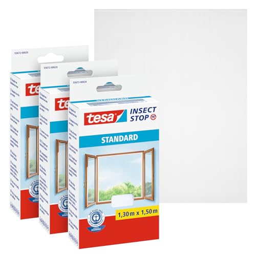 tesa Insect Stop Standard Fliegengitter für Fenster im 3er Pack - Insektenschutz zuschneidbar - Mückenschutz ohne Bohren - 3 x Fliegen Netz - 130 cm x 150 cm - Weiß von TESA