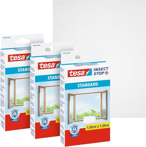 tesa Insect Stop Standard Fliegengitter für Fenster - Insektenschutz zuschneidbar - Mückenschutz ohne Bohren (3 Stück, Weiß (Leichter Sichtschutz), 1,0m:1,0m) von tesa