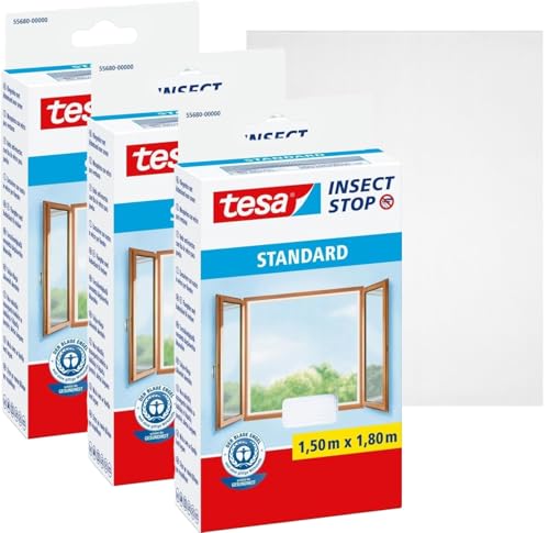 tesa Insect Stop Standard Fliegengitter für Fenster - Insektenschutz zuschneidbar - Mückenschutz ohne Bohren (3 Stück, Weiß (Leichter Sichtschutz), 1,5m:1,8m) von tesa