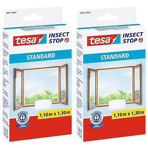 tesa Insect Stop Standard Fliegengitter für Fenster - Insektenschutz zuschneidbar - Mückenschutz ohne Bohren - 1 x Fliegen Netz weiß - 110 cm x 130 cm (Packung mit 2) von tesa