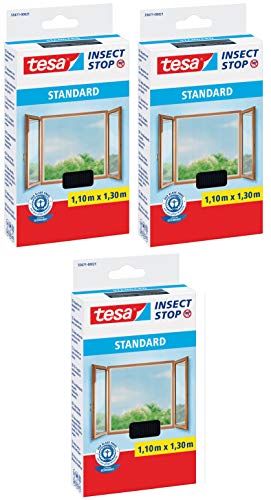 tesa Insect Stop Standard Fliegengitter für Fenster - Insektenschutz zuschneidbar - Mückenschutz ohne Bohren - 3 x Fliegen Netz anthrazit - 110 cmx130 cm von tesa