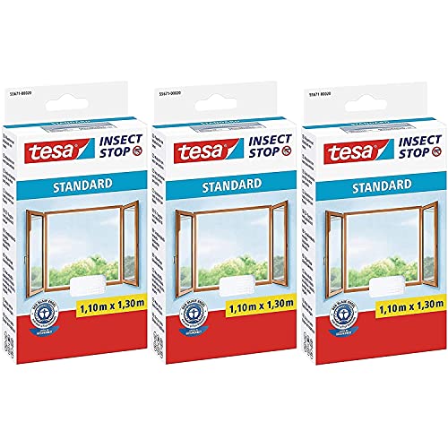 tesa Insect Stop Standard Fliegengitter für Fenster - Insektenschutz zuschneidbar - Mückenschutz ohne Bohren - 3 x Fliegen Netz weiß - 110 cm x 130 cm von tesa