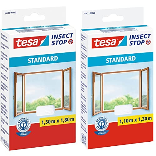 tesa Insect Stop Standard Fliegengitter für Fenster & Insect Stop Standard Fliegengitter für Fenster - Insektenschutz zuschneidbar - Mückenschutz ohne Bohren - 1 x Fliegen Netz weiß - 110 cm x 130 cm von tesa