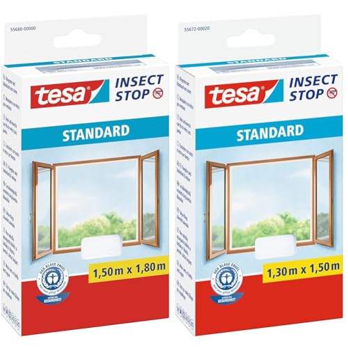 tesa Insect Stop Standard Fliegengitter für Fenster & Insect Stop Standard Fliegengitter für Fenster - Insektenschutz zuschneidbar - Mückenschutz ohne Bohren - 1 x Fliegen Netz weiß - 130 cm x 150 cm von tesa