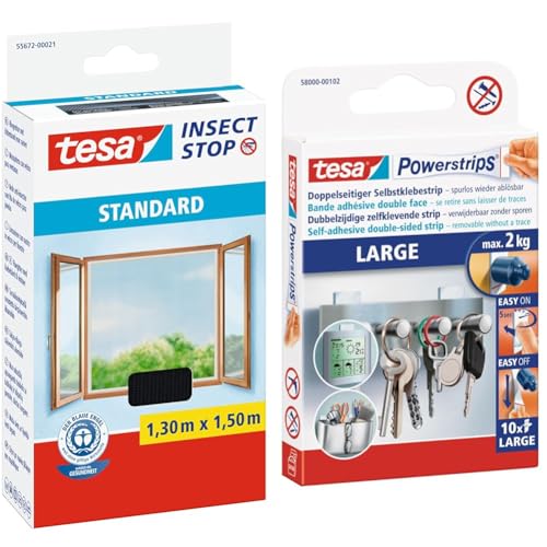 tesa Insect Stop Standard Fliegengitter für Fenster & Powerstrips Large - Doppelseitige Klebestreifen zur Montage von Gegenständen auf glatten Oberflächen von tesa