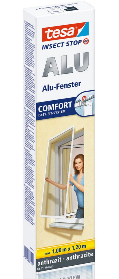 tesa Insektenschutz-Fensterrahmen Insect Stop ALU Comfort Fliegengitter für Fenster - 1,0 x 1,2 m, (Packung, 1-St., Fliegennetz, Aluminiumrahmen), Insektenschutz für Fenster - Aluminiumrahmen von tesa