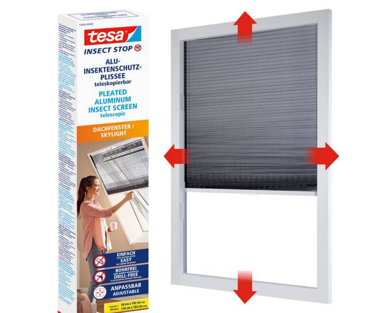 tesa Insektenschutz-Fensterrahmen Insect Stop Alu-Insektenschutzrollo teleskopierbar - 1,14x 1,6 m, (1-St), speziell für Dachfenster - Insektenschutz Plissee - ohne Bohren, weiß von tesa