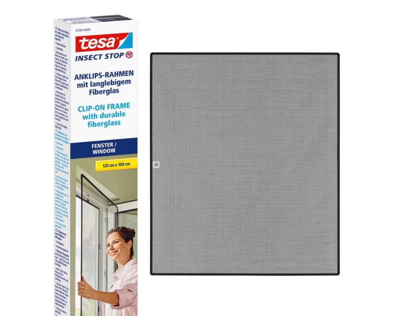 tesa Insektenschutz-Fensterrahmen Insect Stop Anklipsrahmen - Fliegengitter für Fenster, (Packung, 1-St., inkl. Fiberglas-Netz in Anthrazit, Rahmen und Halteklip-Lösung), Selbstklebende Halteklips, zuschneidbarer Rahmen, ohne Bohren von tesa