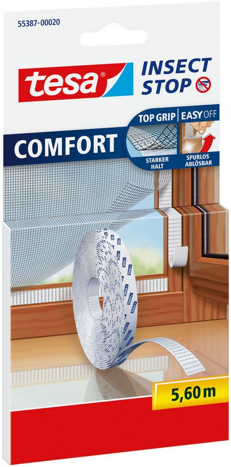 tesa Insektenschutz-Fensterrahmen Insect Stop COMFORT selbstklebendes Klettband Ersatzrolle, 5,6m, (Packung, 1-St., Selbstklebendes Klettband), Klettband zur bohrfreien Fixierung am Fenster für Fliegengitter - weiß von tesa