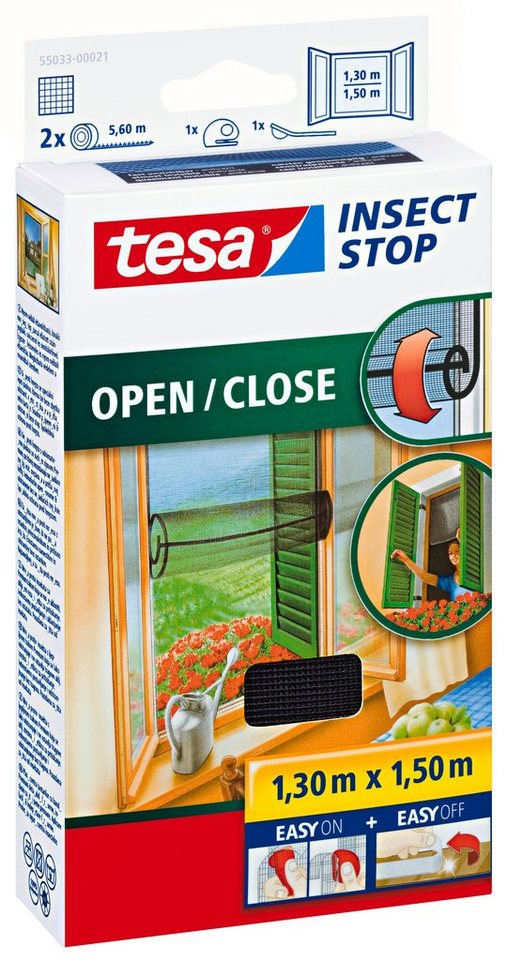 tesa Insektenschutz-Fensterrahmen Insect Stop Comfort Fliegengitter für Fenster- Insektenschutz Rollo, (Packung, 1-St., Fliegennetz, Klettband, Andrück und Schneidehilfe), Mückenschutz für Fenster - selbstklebend - 1,3 m : 1,5 m, schwarz von tesa