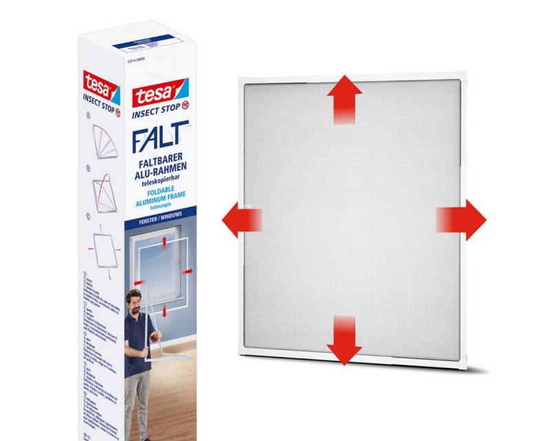 tesa Insektenschutz-Fensterrahmen Insect Stop Falt Fliegengitter für Fenster - min 0,8 m bis max. 1,4 m, (Packung, 1-St., Teleskop Alu Rahmen), Mückenschutz-verstellbarem Rahmen aus Aluminium-ohne bohren von tesa