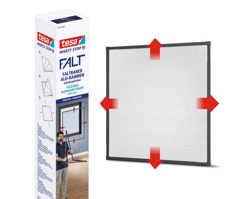 tesa Insektenschutz-Fensterrahmen Insect Stop Falt Fliegengitter für Fenster - min 0,8 m bis max. 1,4 m, (Packung, 1-St., Teleskop Alu Rahmen), Mückenschutz-verstellbarem Rahmen aus Aluminium-ohne bohren von tesa