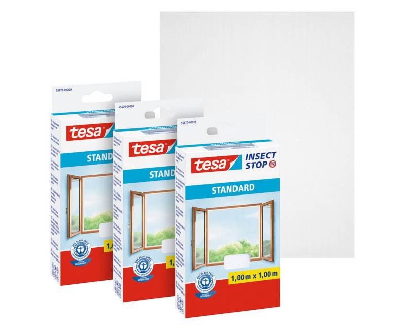 tesa Insektenschutz-Fensterrahmen Insect Stop Standard Fliegengitter für Fenster - 1.0 m : 1.0 m, (Packung, 3-St., Fliegennetz, Klettband), Insektenschutzgitter -Fliegenetz ohne Bohren-zuschneidbar von tesa