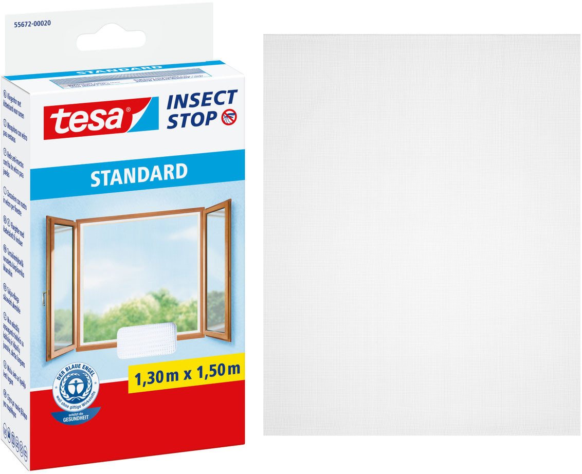 tesa Insektenschutz-Fensterrahmen Insect Stop Standard Fliegengitter für Fenster - 1.3 m : 1.5 m, (Packung, 1-St., Fliegennetz, Klettband), Insektenschutzgitter - Fliegenetz ohne Bohren - zuschneidbar von tesa