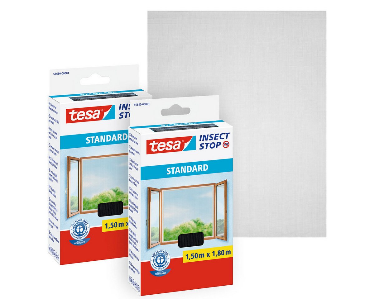 tesa Insektenschutz-Fensterrahmen Insect Stop Standard Fliegengitter für Fenster 1.5 m x 1.8 m, (Packung, 2-St., Fliegennetz, Klettband), Insektenschutzgitter -Fliegenetz ohne Bohren-zuschneidbar von tesa