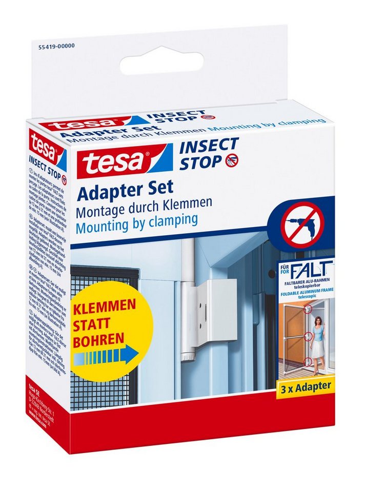 tesa Insektenschutz-Tür Insect Stop Falt Adapter für Fliegengitter - Adapter-Set, (Spar-Set, 3-St., Adapter für FALT Fenster-türen), zur Montage von Insektenschutz an Balkontür / Terrassentür - weiß von tesa