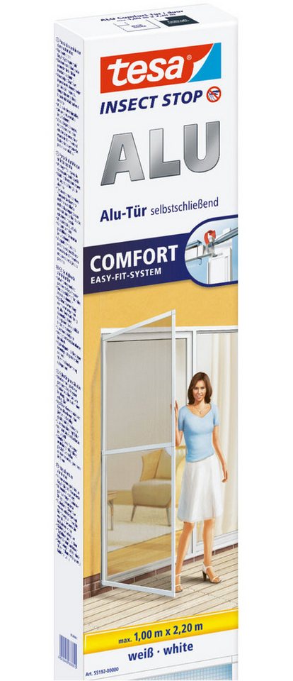 tesa Insektenschutz-Tür Insect Stop ALU Comfort Fliegengitter für Türen - 1.0 m : 2.2 m, (Packung, 1-St., Fliegennetz, Aluminiumrahmen), Insektenschutz für Balkontür, Terrassentür, Aluminiumrahmen von tesa