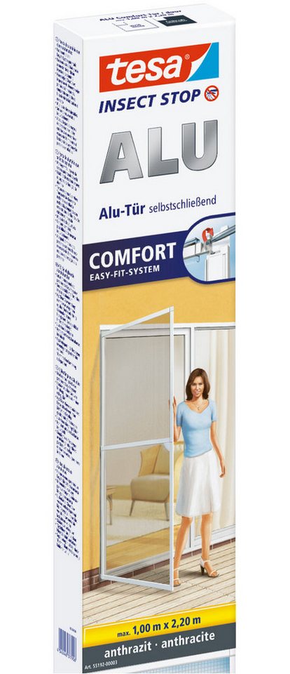 tesa Insektenschutz-Tür Insect Stop ALU Comfort Fliegengitter für Türen - 1.0 m : 2.2 m, (Packung, 1-St., Fliegennetz, Aluminiumrahmen), Insektenschutz für Balkontür, Terrassentür, Aluminiumrahmen von tesa