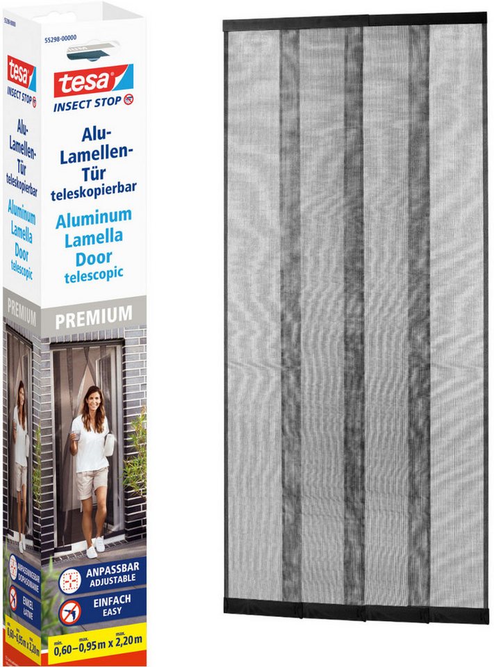 tesa Insektenschutz-Tür Insect Stop ALU Lamellentür teleskopierbar - 0,60m - 0,95m max. 2,20m, (Packung, 1-St., Alu Lamellentür teleskopierbar, selbstklebendes Premium-Klettband), Insektenschutzvorhang mit Lamellen - für Balkon- und Terrassentüren von tesa