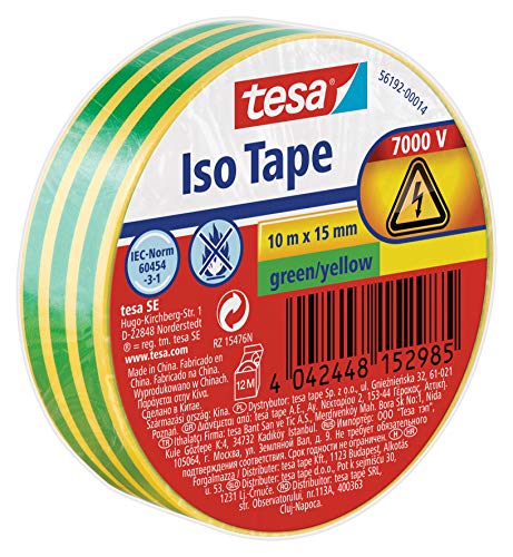 tesa Isolierband - Selbstklebendes Isolierband, hitzebeständig - Zum Isolieren, Reparieren und Bündeln - 10 m - Grün-Gelb von tesa