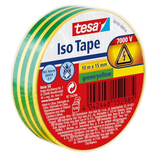 tesa Isolierband - Selbstklebendes Isolierband, hitzebeständig - Zum Isolieren, Reparieren und Bündeln - 10 m - Grün-Gelb von tesa