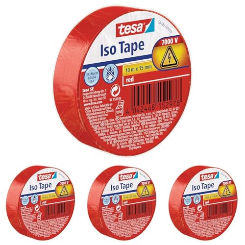 tesa Isolierband - Selbstklebendes Isolierband, hitzebeständig - Zum Isolieren, Reparieren und Bündeln - 10 m - ROT (Packung mit 4) von tesa