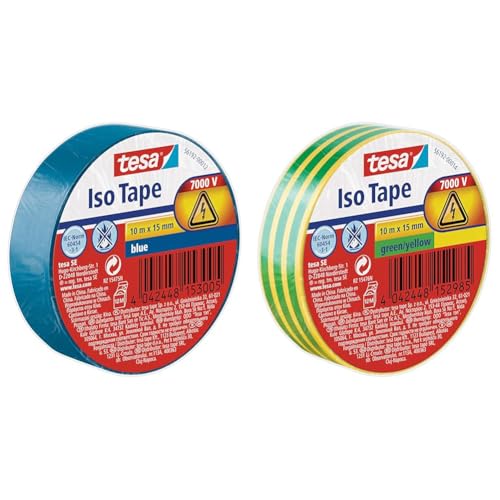 tesa Isolierband - Selbstklebendes Isolierband - 2x 10 m - 1x BLAU - 1x Grün-Gelb, hitzebeständig - Zum Isolieren, Reparieren und Bündeln von tesa