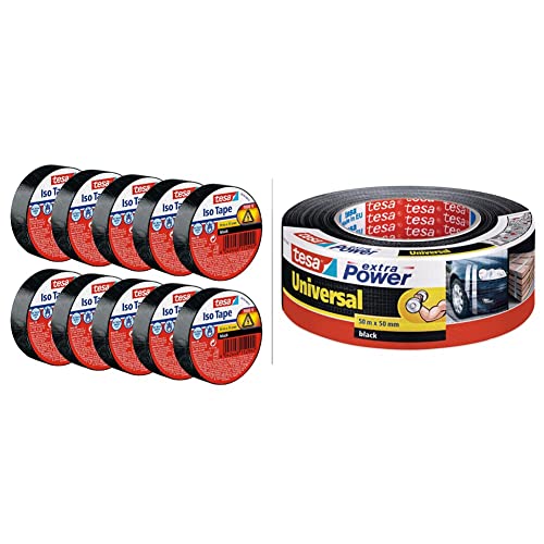 tesa Isolierband im 10er Pack - 10 m - Schwarz & extra Power Universal Gewebeband - Gewebeverstärktes Ductape zum Reparieren, Befestigen, Bündeln, Verstärken oder Abdichten - Schwarz - 50 m x 50 mm von tesa