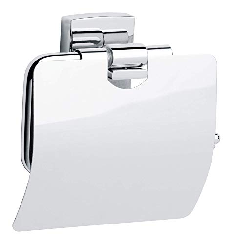 tesa KLAAM Toilettenpapierhalter mit Deckel, verchromt - WC-Rollenhalter zur Wandbefestigung ohne Bohren, inkl. Klebelösung - 125mm x 140mm x 53mm von tesa