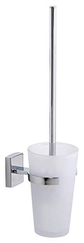 tesa KLAAM WC-Garnitur, satiniertes Glas und verchromter Edelstahl - Toilettenbürsten-Set zur Wandbefestigung ohne Bohren, inkl. Klebelösung - 92mm x 416mm x 131mm von tesa