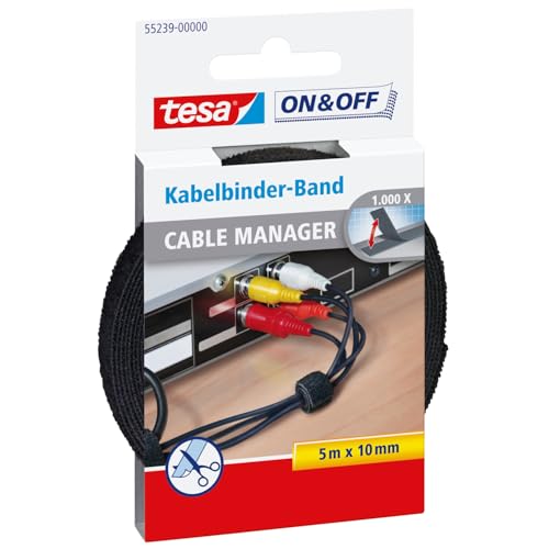 tesa On & Off Cable Manager UNIVERSAL - Klett-Kabelbinder zur Kabelaufbewahrung - bündelt Kabel in Haushalt und Büro - zuschneidbar - 10 mm x 5 m von tesa