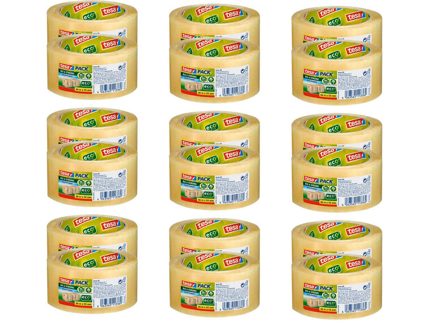 tesa Klebeband tesapack Bio & Strong Paketklebeband - 66m : 50mm (Packung, 18-St., 18 Rollen tesapack Bio & Strong, 66m x 50mm) Paketklebeband - einfaches Verpacken & Verschließen - transparent von tesa