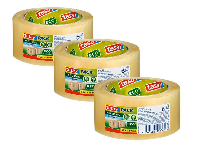 tesa Klebeband tesapack Bio & Strong Paketklebeband - 66m : 50mm (Packung, 3-St., 3 Rollen tesapack Bio & Strong, 66m x 50mm) Paketklebeband - einfaches Verpacken & Verschließen - transparent von tesa