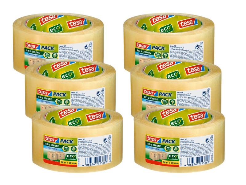 tesa Klebeband tesapack Bio & Strong Paketklebeband - 66m : 50mm (Packung, 6-St., 6 Rollen tesapack Bio & Strong, 66m x 50mm) Paketklebeband - einfaches Verpacken & Verschließen - transparent von tesa