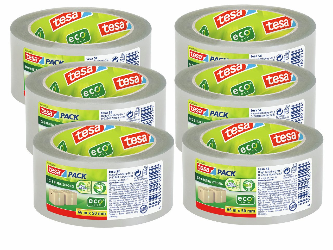 tesa Klebeband tesapack Eco & Ultra Strong 66m : 50mm (Packung, 6-St., 6 Rollen tesapack Eco & Ultra Strong ecoLogo, 66m x 50mm) Paketklebeband - einfaches Verpacken & Verschließen - transparent von tesa
