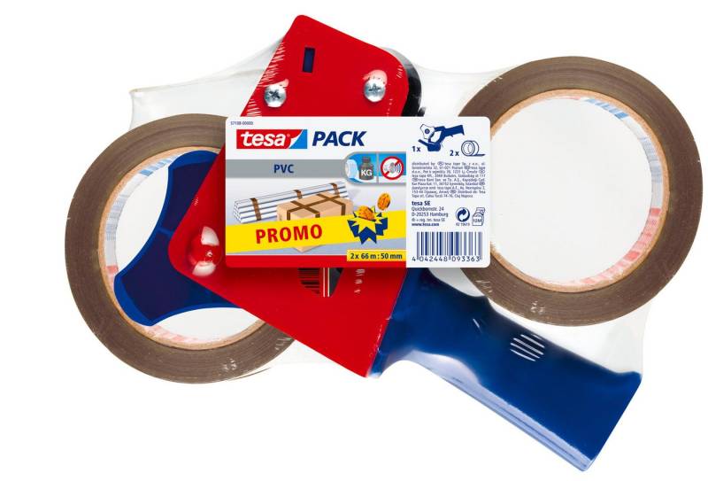tesa Klebeband tesapack Handabroller inkl. 2 Rollen Paketband - für Packband bis 50mm (Packung, 1-St., Packband Abroller inkl. 2 Rollen Paketband) Packbandabroller für leichtes & sicheres Verpacken - blau / rot von tesa