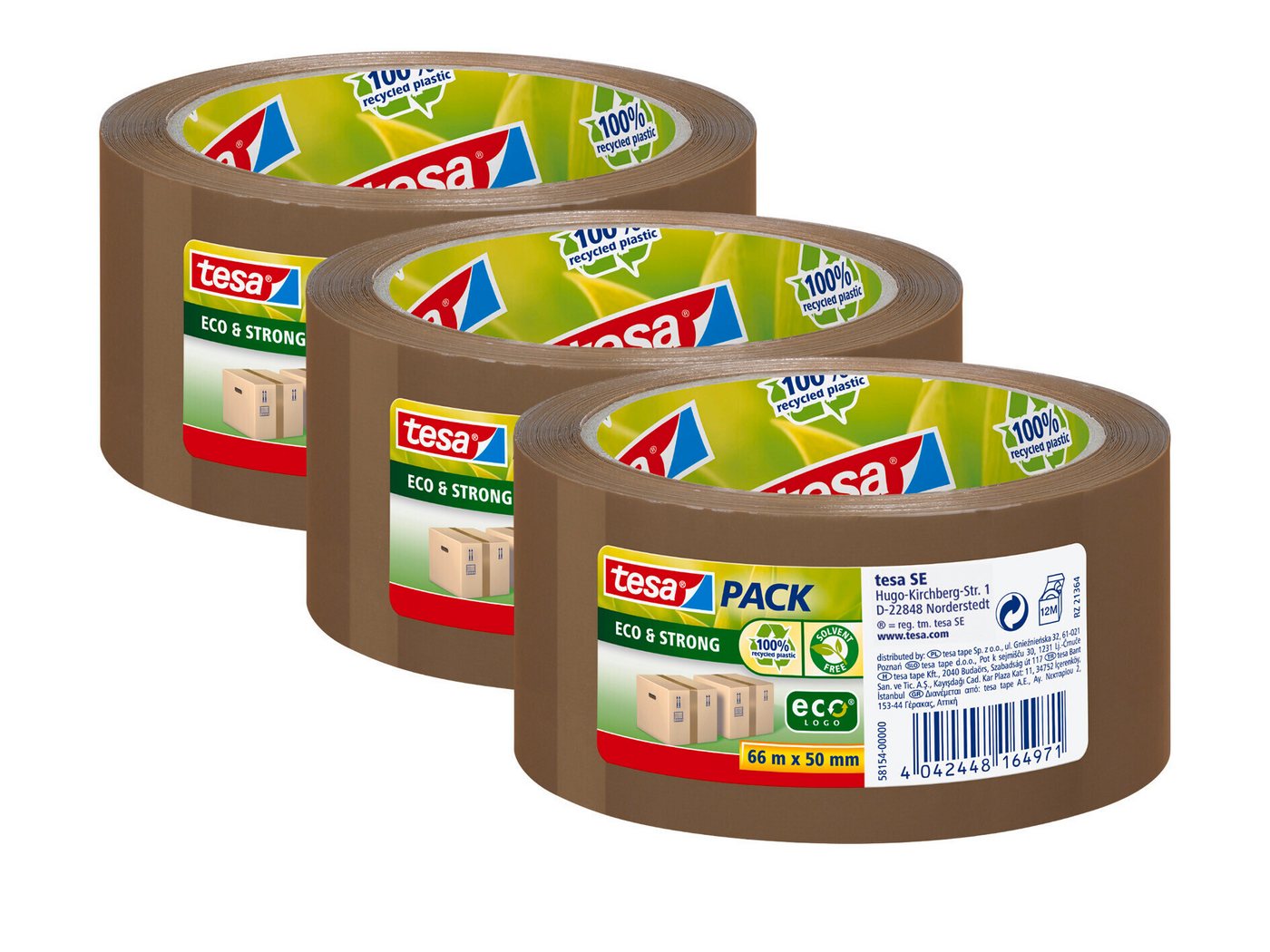 tesa Klebeband tesapack Paper ecoLogo® Packband - 66m : 50mm (Packung, 3-St., 3 Rollen tesapack Eco & Strong braun, 66m x 50mm) ökologisches Paketklebeband - leise & klebstark - braun - 66 m : 50 mm von tesa