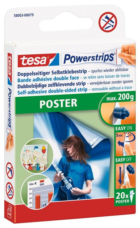 tesa Klebehaken POWERSTRIPS Poster Doppelseitige Klebestreifen, (Packung, 20-St., 20 Stck), Stripes weiß - kleben statt bohren von tesa