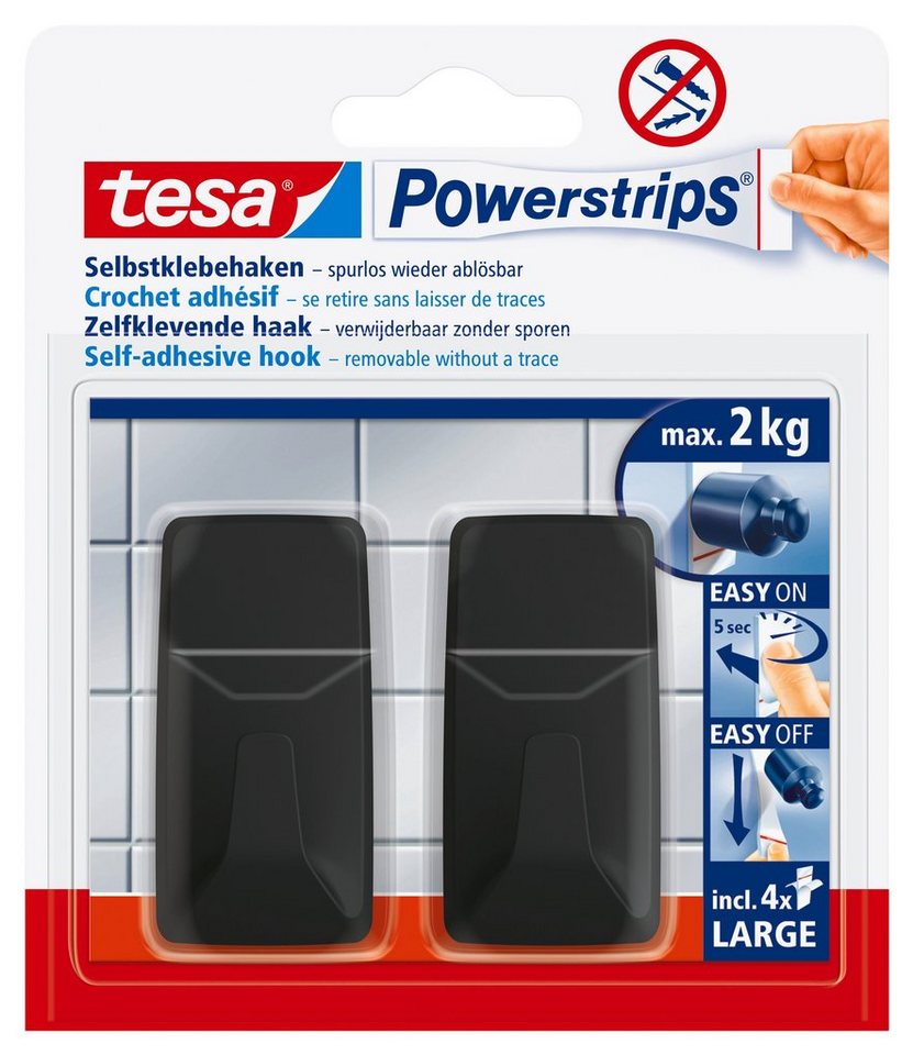 tesa Klebehaken, (Packung, 5-St., inkl. 3 x Powerstrips Large Klebestreifen), Wandmontage ohne Bohren auf Kacheln, Glas, Kunststoff und mehr von tesa