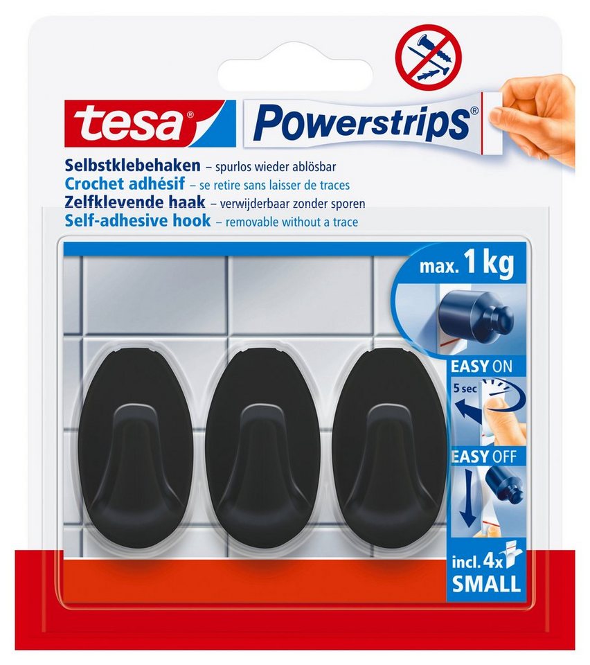 tesa Klebehaken, (Packung, 7-St., inkl. 4 x Powerstrips Small Klebestreifen), Wandmontage ohne Bohren auf Kacheln, Glas, Kunststoff und mehr von tesa