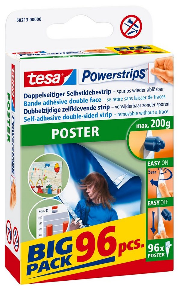 tesa Klebehaken POWERSTRIPS Poster Doppelseitige Klebestreifen, (Packung, 96-St., 96 Stck), Stripes selbstklebend - max. 200 g von tesa