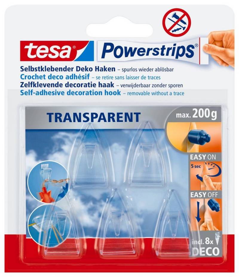 tesa Klebehaken POWERSTRIPS Doppelseitige Klebestreifen mit Bilderhaken, Dekoration, Bilder, Leinwände, Lichterketten, Girlanden, (Packung, 5-St., Haken, Powerstrip), Stripes transparent - Dekohaken - ja max. 200 g von tesa