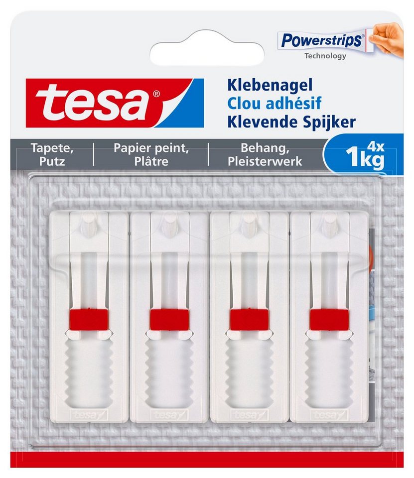 tesa Klebehaken Klebenagel mit max. 1 kg Haltekraft für Bilder - verstellbar, Dekoration, Bilder, Leinwände, Lichterketten, Girlanden, (Spar-Set, 4-St., inkl. Powerstrips), Klebenagel - POWERSTRIPS Doppelseitig - Tapete & Putz - 2 x 2er Pack von tesa