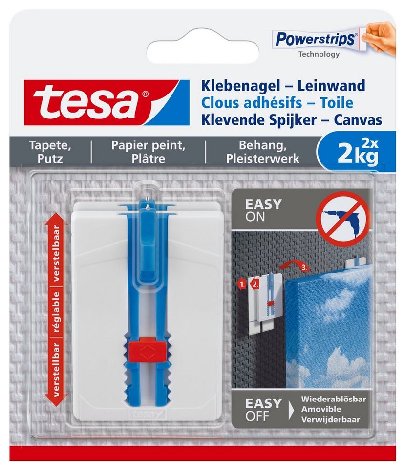 tesa Klebehaken Klebehaken mit max. 2 kg Haltekraft für Bilder - verstellbar, Dekoration, Bilder, Leinwände, (Spar-Set, 2-St., inkl. Powerstrips), Klebenagel - POWERSTRIPS Doppelseitig - für Leinwände - 2er Pack von tesa