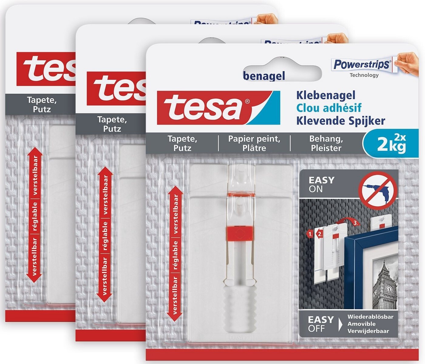 tesa Klebehaken Klebenagel mit max. 2 kg Haltekraft für Bilder - verstellbar, Dekoration, Bilder, Leinwände, (Spar-Set, 6-St., inkl. Powerstrips), Klebenagel - POWERSTRIPS Doppelseitig - Tapete & Putz - 3 x 2er Pack von tesa