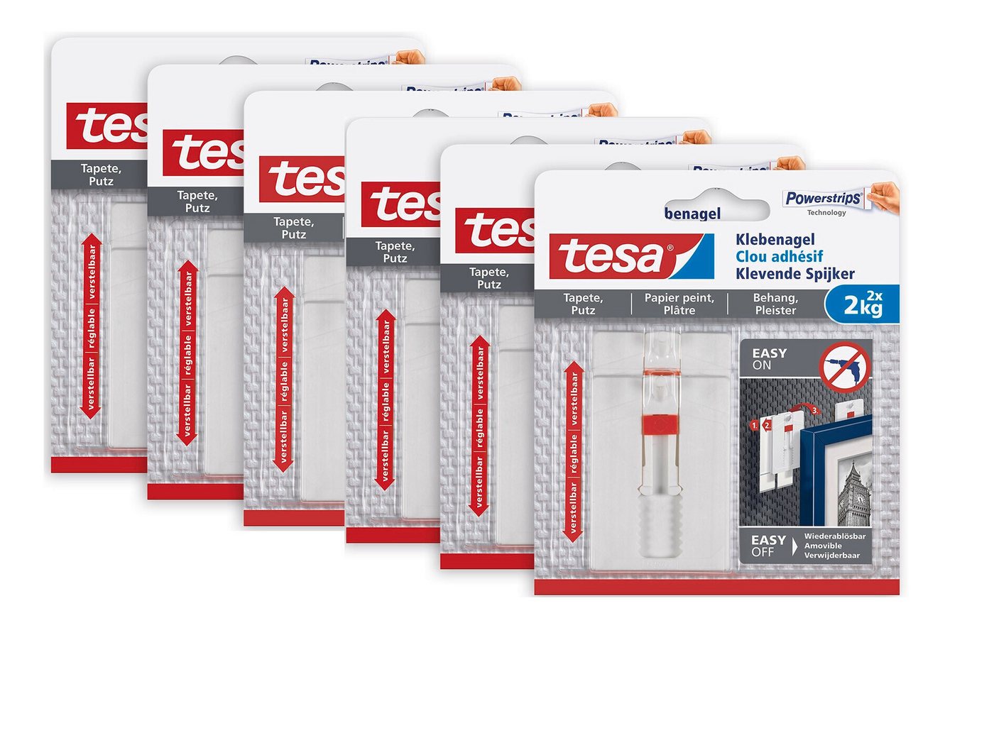 tesa Klebehaken Klebenagel mit max. 2 kg Haltekraft für Bilder - verstellbar, Dekoration, Bilder, Leinwände, Lichterketten, Girlanden, (Spar-Set, 12-St., inkl. Powerstrips), Klebenagel - POWERSTRIPS Doppelseitig - Tapete & Putz - 12er Pack von tesa