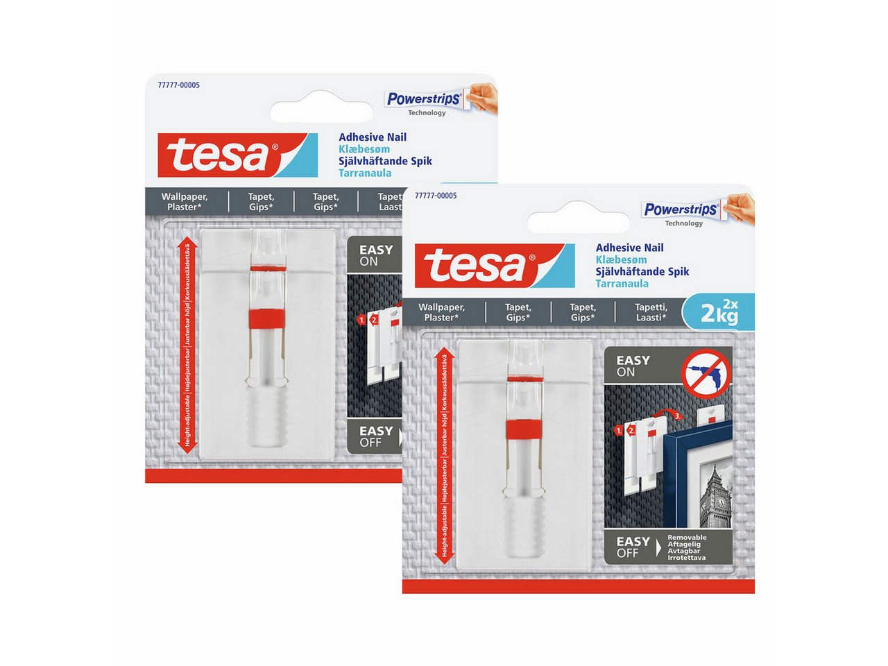 tesa Klebehaken Klebenagel mit max. 2 kg Haltekraft für Bilder - verstellbar, Dekoration, Bilder, Leinwände, Lichterketten, Girlanden, (Spar-Set, 4-St., inkl. Powerstrips), Klebenagel - POWERSTRIPS Doppelseitig - Tapete & Putz - 4er Pack von tesa